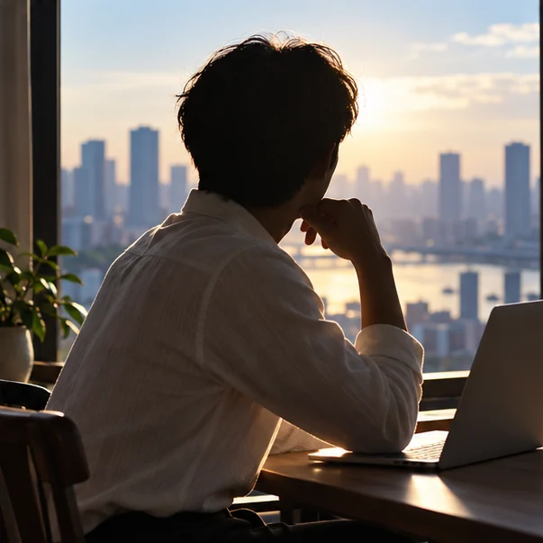 창가 역광 속 노트북 앞에 앉은 레이블 현의 옆모습 실루엣