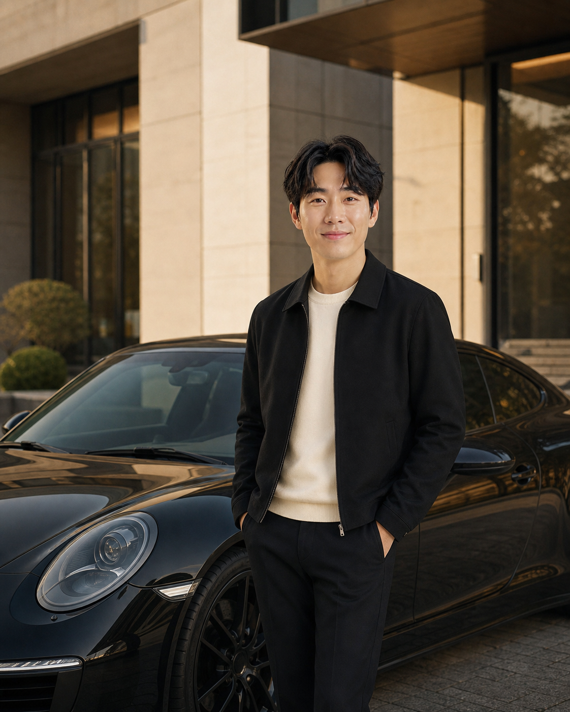 검은 스포츠카 옆에 선 레이블 현의 변화 후 상징 장면