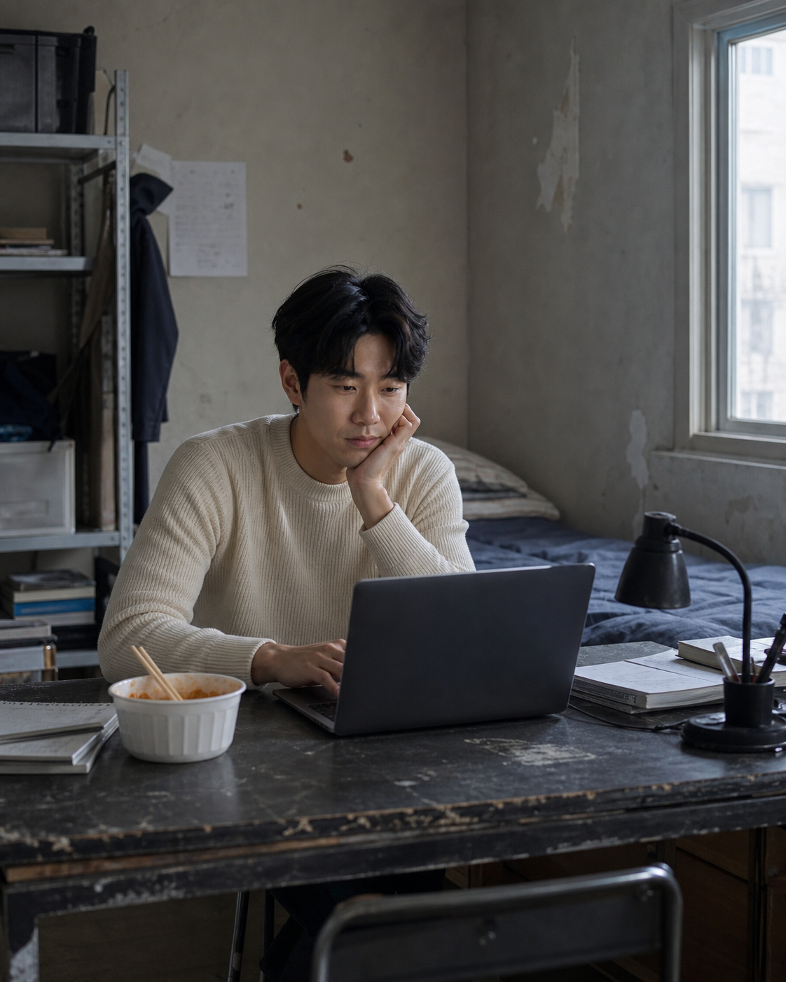 낡은 작업실에서 노트북으로 작업하는 레이블 현의 변화 전 상징 장면