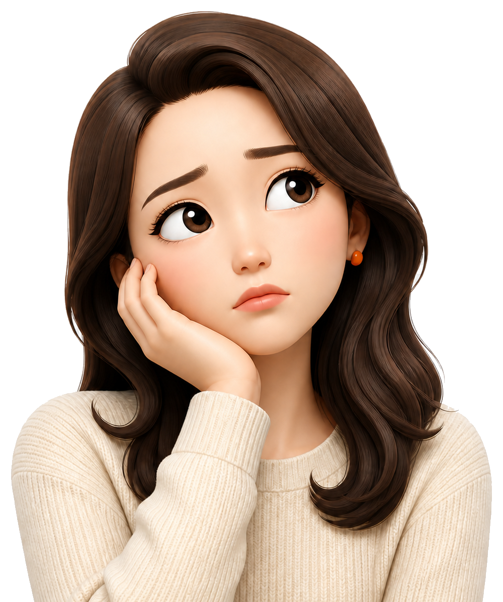 상품 아이디어를 고민하는 3D 여성 미모티콘