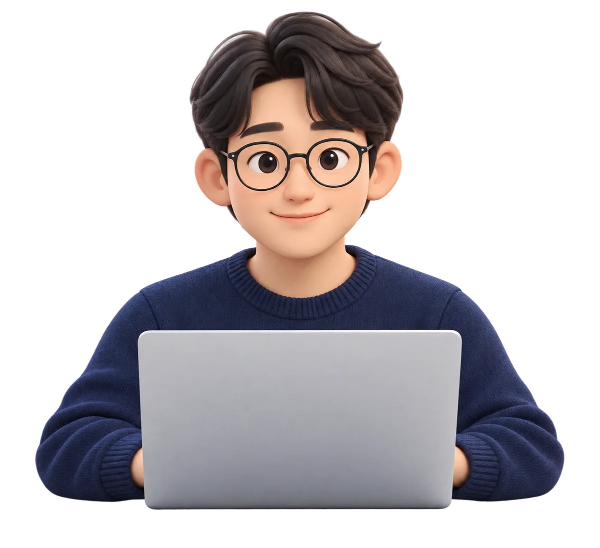 노트북으로 작업하는 안경 쓴 남성을 표현한 오리지널 3D 아바타